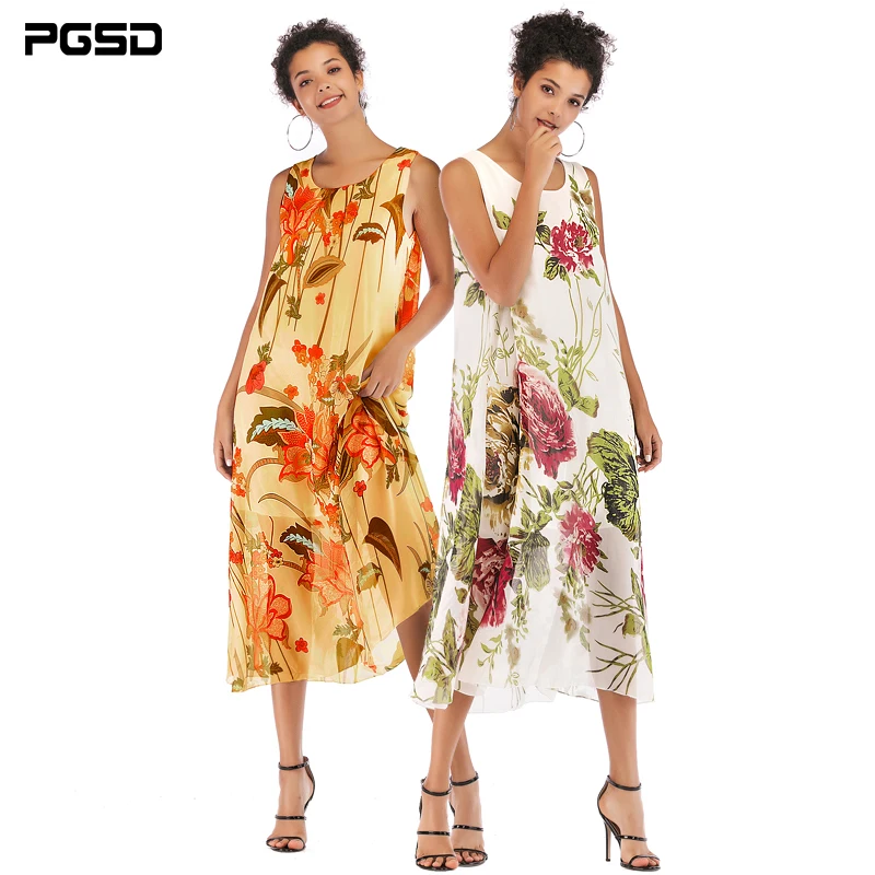 

PGSD 2019 Summer Fashion women clothes Sleeveless Round-collar Flower plant Printing elegant Chiffon Beach Loose Vest Dress Girl