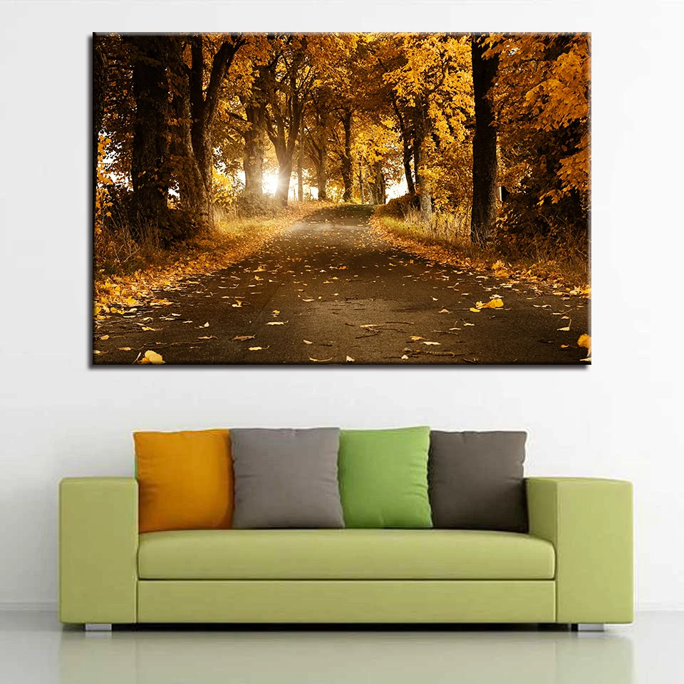 Canvas-Prints-Painting-Wall-Art-Home-Decor-1-Piece-Autumn-Forest-Trail-Fallen-Leaves-Poster-Tree