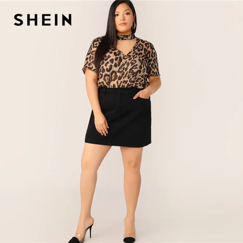 SHEIN женская блузка чокер с леопардовым принтом размера плюс Стильная летняя