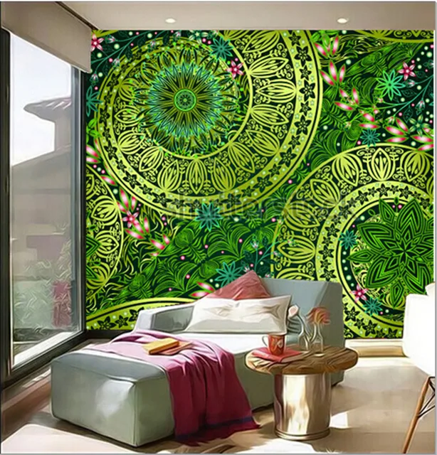 Kustom 3d Mural Vintage Etnis Floral Motif Latar Belakang Ruang