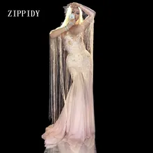 Розовое длинное платье с кисточками для женщин, для сценического танца, с бахромой, платье для дня рождения, вечерние платья для ночного клуба, костюм певицы, вечерний наряд для празднования