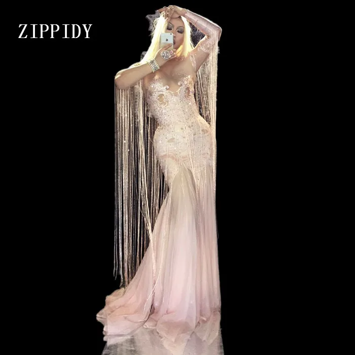 

Pink Tassel Long Dress Women Stage Dance fringes Birthday Dress Nightclub Party Female Singer Costume Evening Celebrate Outfit