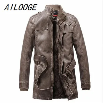 

AILOOGE New Mens Winter PU Leather Moto Jacket Thicken Long Trench Coat Jackets Outerwear Men Collar Overcoat M-4XL