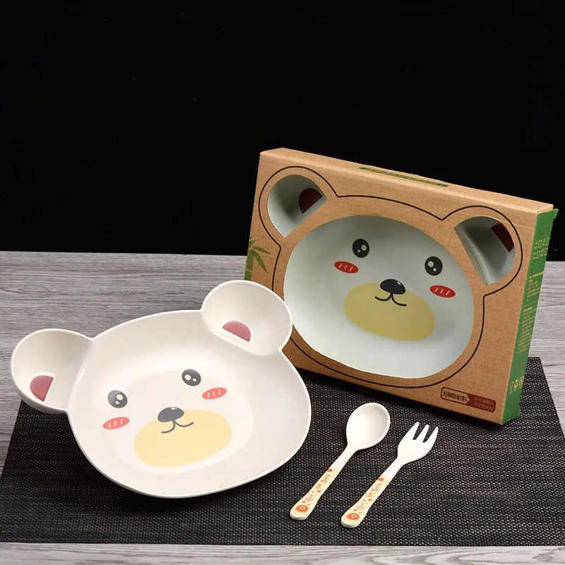 3 Pcs/Set New Bear Bamboo Fiber CHildren Cute Tableware Set Baby Dinnerware Plate Bowl Feeding | Дом и сад