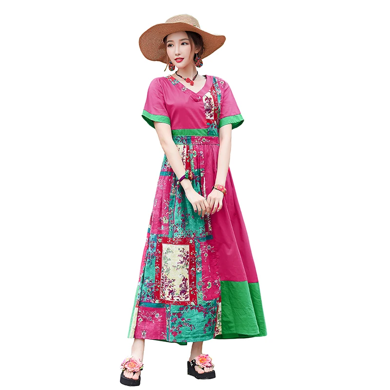 

Women Vintage Floral Print V-Neck Patchwork Dress Vestidos Loose Short Sleeve Summer Dress