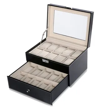 

24 Grid/20 Grid/10 Grid Watch Winder PU Leather Watch Box Display Boite Montre With Glass Top Window Caja Watch Display Case