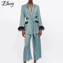 Бренд Ellacey, новинка, женский костюм, модный, с принтом, брюки, костюм, высокая мода, комплект для женщин, 2 предмета, брюки, перо, женский брючный костюм