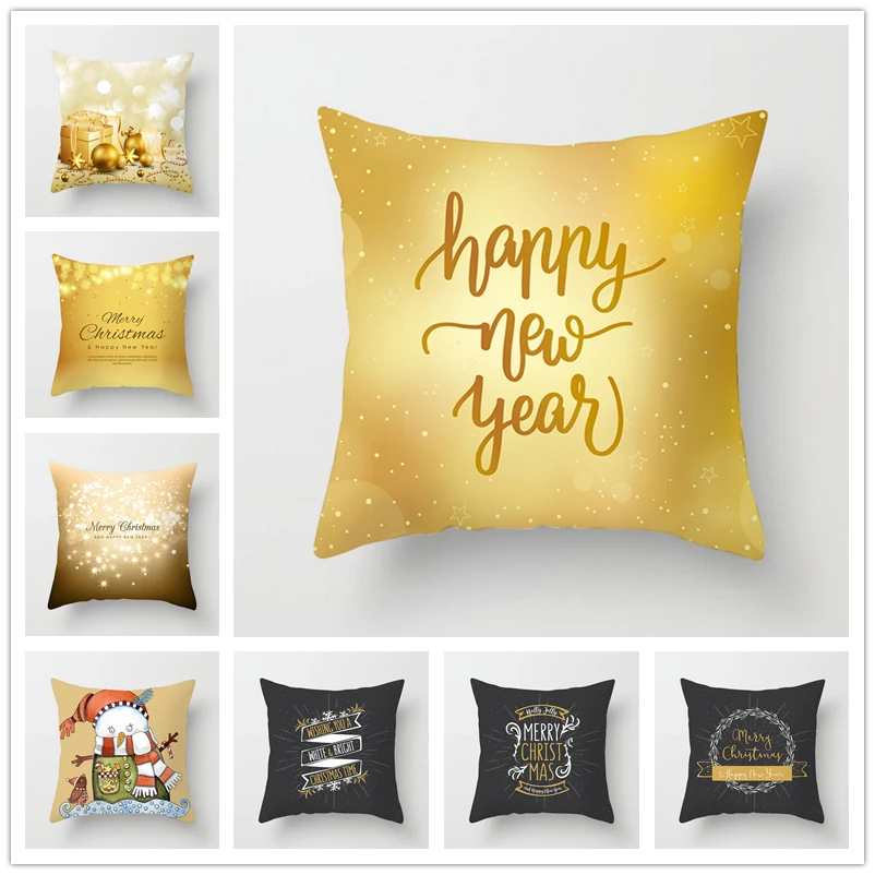 45x45cm Merry Christmas Gold Cushion Covers Polyester Soft Throw Pillow