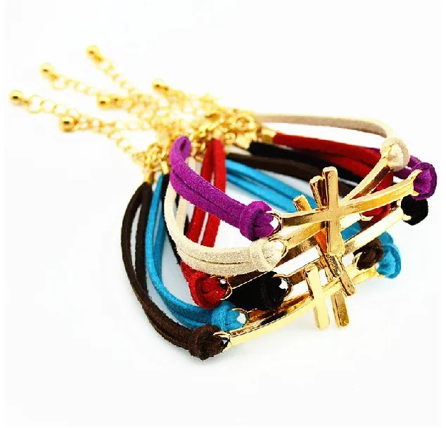 

Vintage Gold Crucifix Mixed Color Leather Charms Bracelet Bangles For Women Dress Brand Accessories Gifts Jewelry 10pcs Z1879