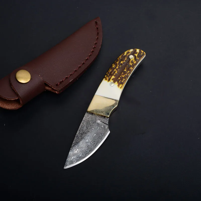 damascus fixed blade knife antler handle outdoor camping hunting survival pocket rescue edc tools  (7)