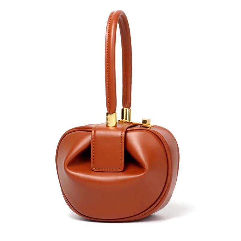 

Genuine Leather Handbag European Style Vintage Women Pure Color Spherical Dumpling Shape Tote Chic Lock Top-Handle Mini Bag