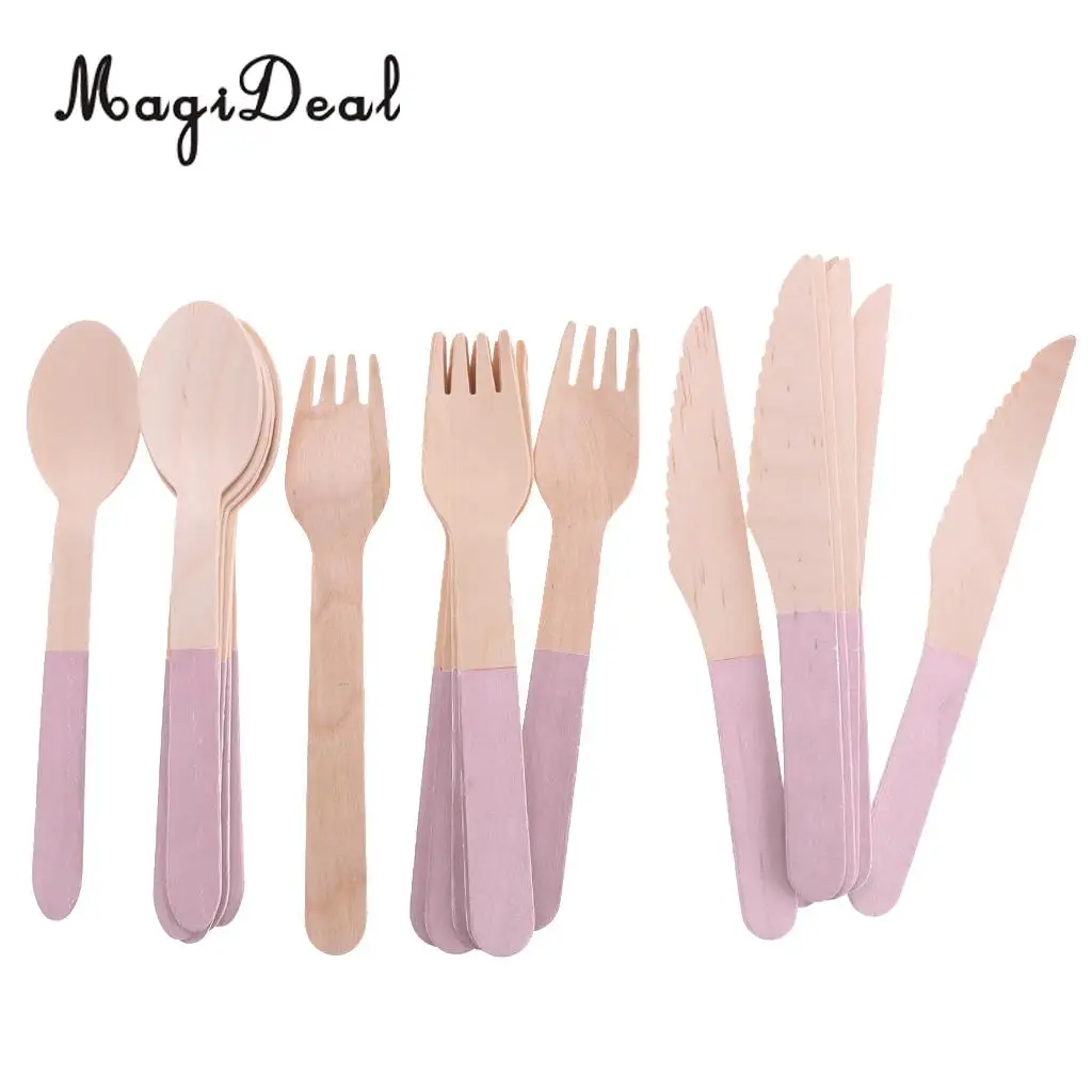 24pcs/Set Disposable Wooden Utensil Forks Spoons Knives Cutlery Set Wedding Birthday Party Tableware Serveware
