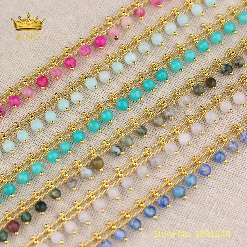 

5meters 4mm Stones Beaded Chains Fine Jewelry,Natural Agates Faceted Round Beads Plated Gold Connectors Rosary Chains Bulk HX215
