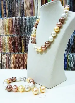 

14MM multicolor South Sea shell pearl necklace bracelet earrings set LL002^^^@^Noble style Natural Fine jewe (B0322)