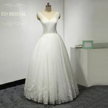 Floor Length V Neck Lace Tulle Ball Gown Wedding Dress with Embroidery Lace Ribbon on Hem Corset Back Bridal Wedding Gowns