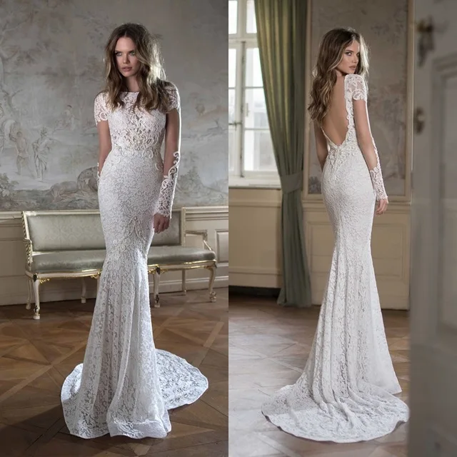 Элегантное свадебное платье с длинными рукавами и круглым вырезом, с аппликацией, с кружевом, с русалочкой, большие размеры, сексуальное