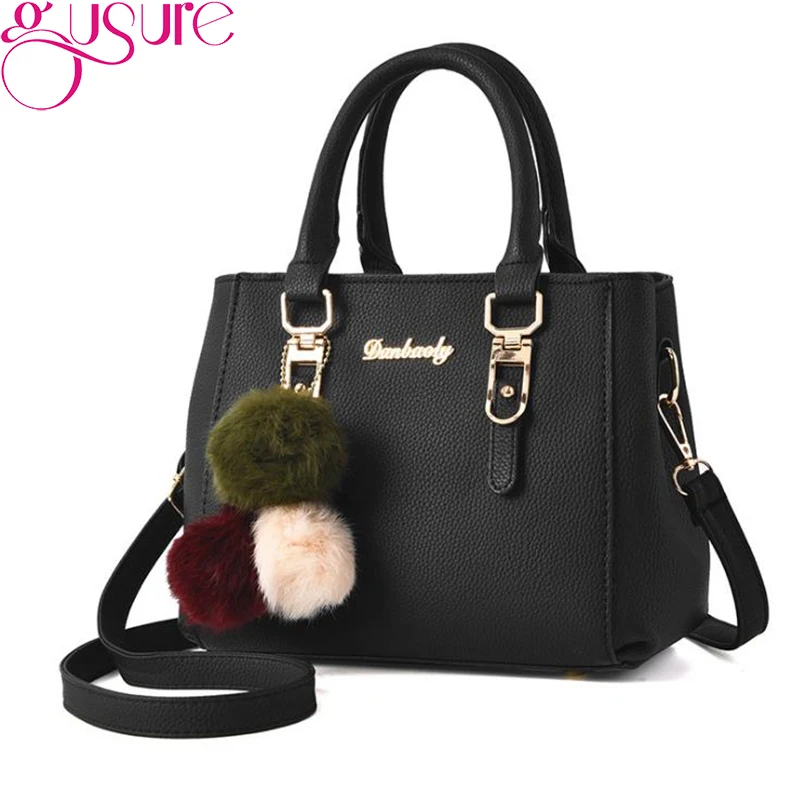 

Gusure Women's Handbags Bag Leather Shoulder Bags Female Crossbody Top-handle Zipper Bags Fur Ball Hanging Decor Bag