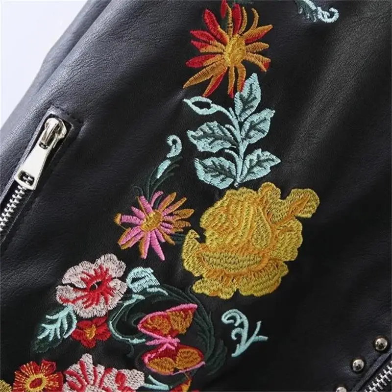 ONE COLOR Женская куртка из мягкой искусственной кожи с цветочным принтом и вышивкой, повседневная куртка из искусственной кожи с отложным воротником, черная верхняя одежда в стиле панк - Цвет: ONE COLOR