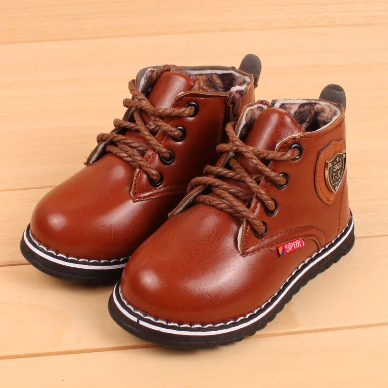 Детская зимняя кожаные сапоги плюшевые теплые ботинки Обувь для девочек Обувь для мальчиков Обувь водонепроницаемый - Цвет: Brown