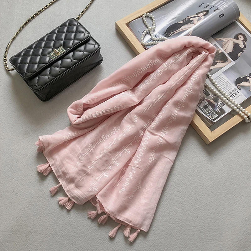 Marte& Joven белый Принт хлопок/длинный шарф из полиэстера для женщин Мода Чистый цвет мягкие теплые шали пашмины с кисточками