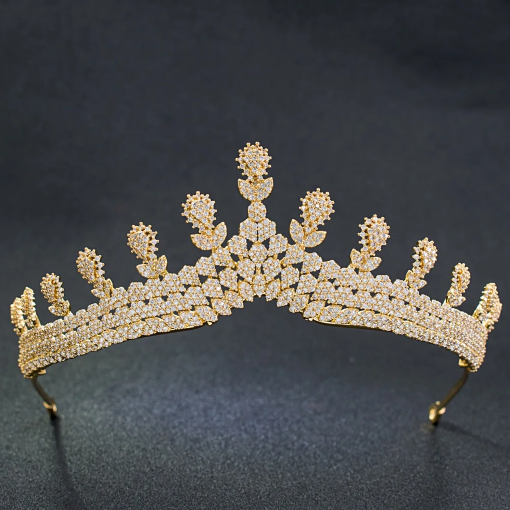 Classic CZ Cubic Zirconia Wedding Bridal Gold Royal Tiara Diadem Crown Women Girl Prom Party Hair Jewelry Accessories S90014