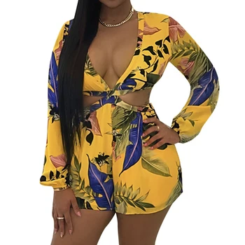 

Digital Print Hollow Out Backless Sexy Women Short Jumpsuits Deep V Bandage Plus Size Overalls Casual Club Playsuit Party Romper