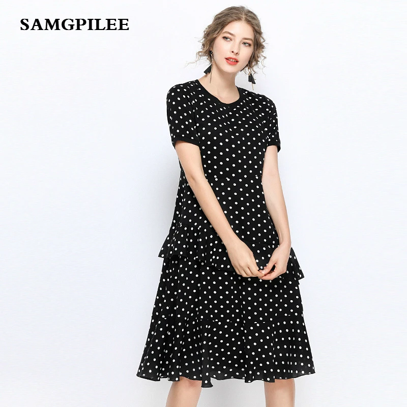 

2019 New Arrival Samgpilee Casual A-line Dot Short sleeve Appliques Knee-length O-neck Summer women Dress Plus size L-5XL