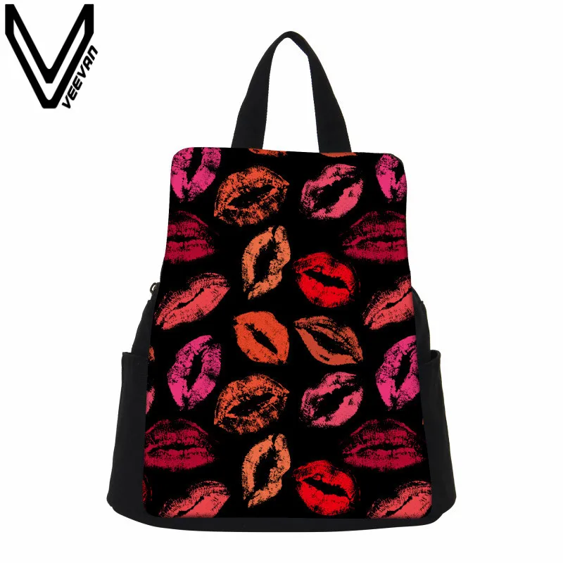 VEEVANV Fashion Women Backpacks Female Lips Image Prints Rucksack Canvas Shoulder Bag Travel Backpack Girls Small School Bookbag bookbags-for-girls