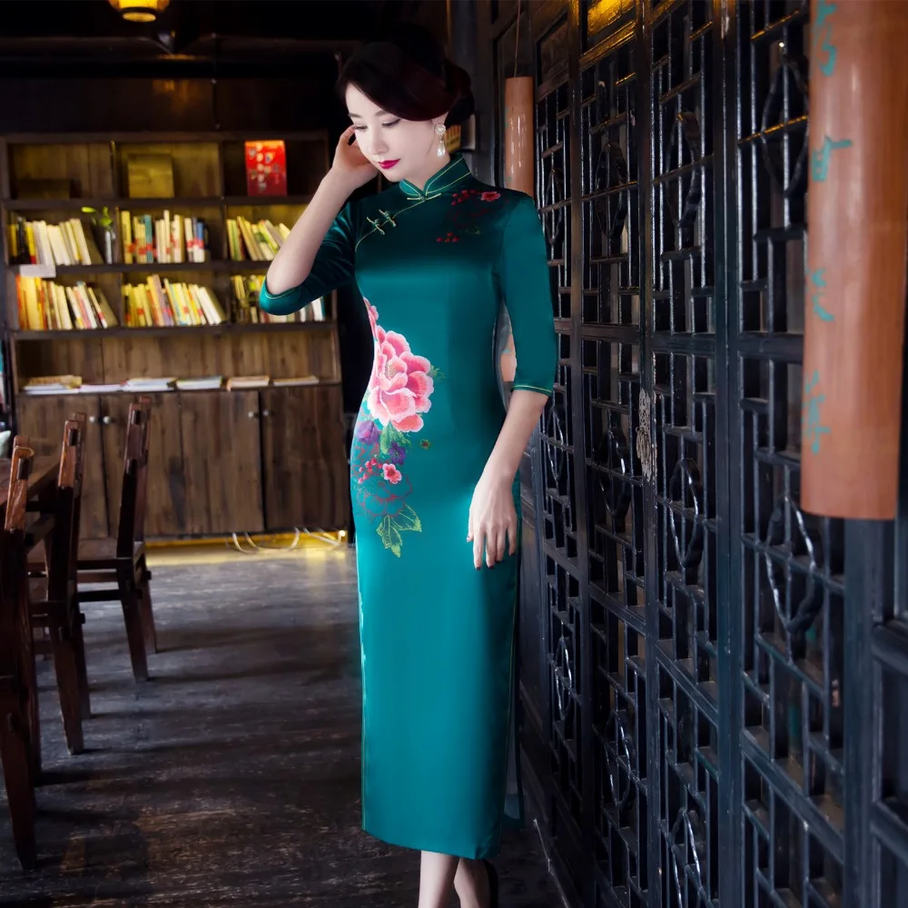 Высокое качество китайский Для женщин Винтаж длинный тонкий шелк Cheongsam Qipao летнее элегантное обтягивающее платье Цветы Размеры M, L, XL, XXL, XXXL