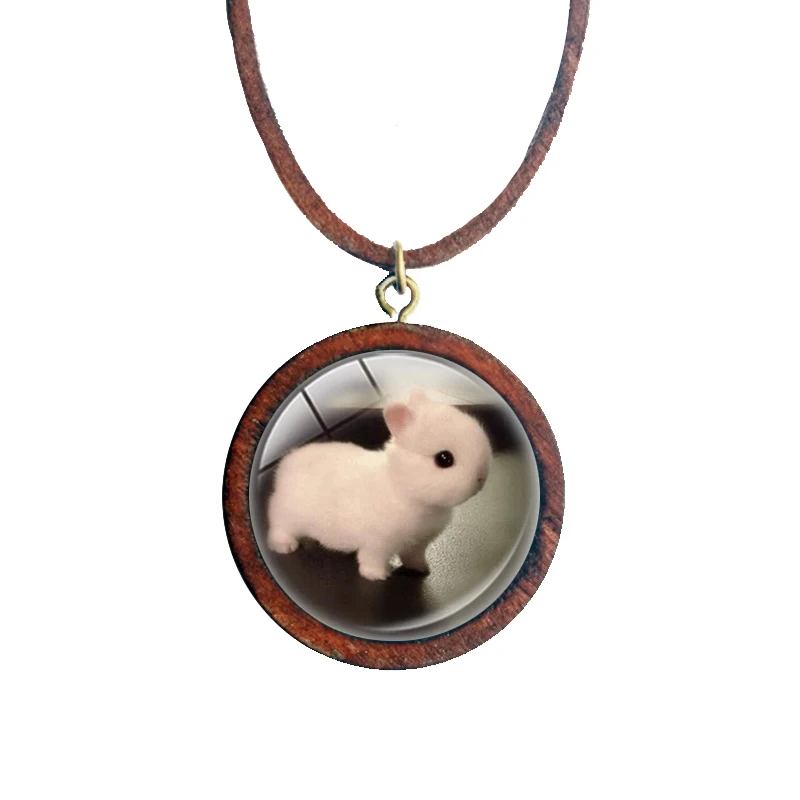 New Rabbit Pendant Necklace Cute Animal Jewelry Girl's Accessory Glass Dome Wood Square Handcrafted Round | Украшения и