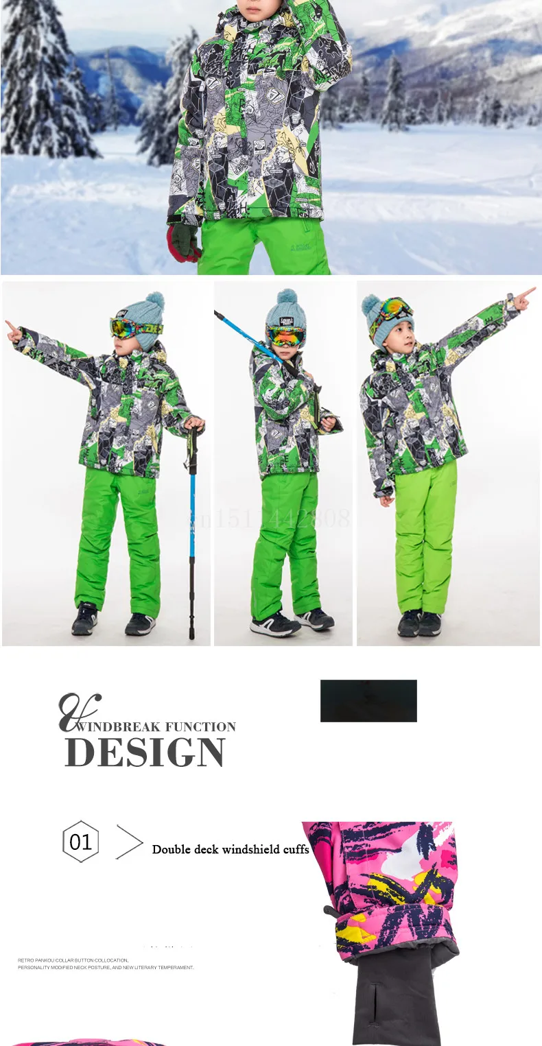 Детский лыжный костюм теплое водонепроницаемое пальто 15k ветрозащитные куртки для мальчиков+ штаны, комплекты детская верхняя одежда лыжные комплекты для От 3 до 16 лет мальчиков и девочек