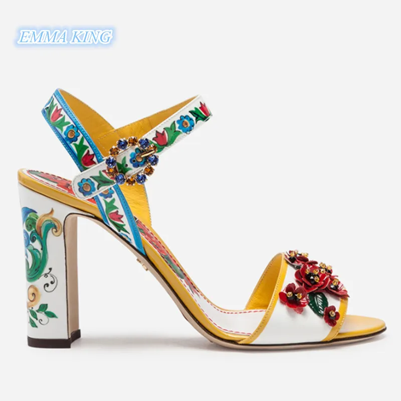 

Elegant Colorful Flower Prints Diamond Buckle Strap Sandals Women 2019 Open Toe Chunky High Heels Ladies Shoes Sandalias Mujer