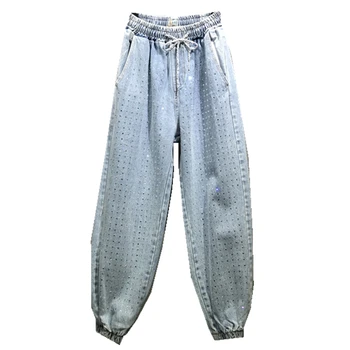 

Heavy work hot drilling beaded elastic high waist jeans women 2019 spring and summer new beam feet loose casual jeans ankle leng