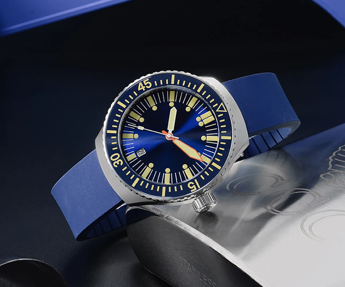 Lugyou San Martin винтажные автоматические механические мужские часы для дайвинга 20 ATM вращающийся ободок Sunray синий резиновый ремешок сапфир SLN C3