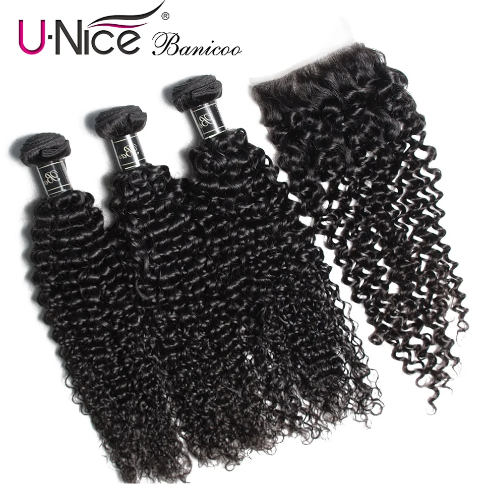 

UNice Hair Banicoo Series 10A Kinky Curly Hair Bundles with Closure Human Hair Extension Double Weft Brazilian Raw Virgin Hair