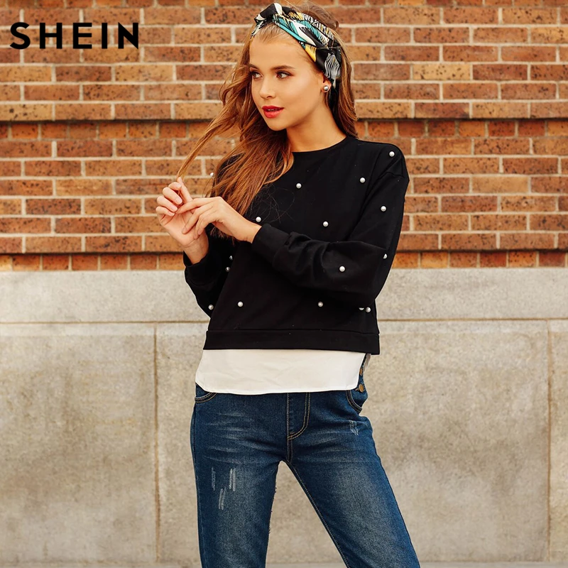  SHEIN Sweatshirt Woman Pearl Beading 2 In 1 Sweatshirt Autumn Women Sweatshirt Black Long Sleeve El