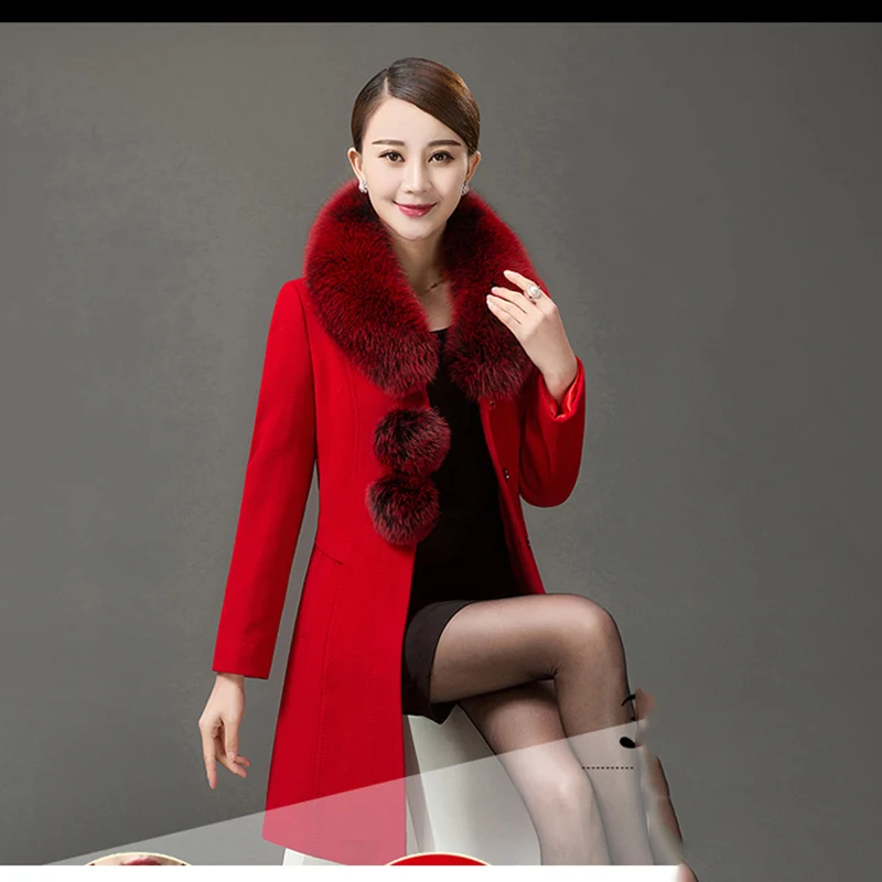 Kopen 2019 herfst winter vrouwen nieuwe mode grote bontkraag lange single breasted wollen kasjmier jas lady grote maat geregen wollen jas