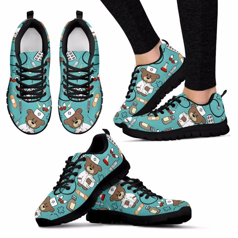 

ELVISWORDS Women Flat Bear Nurse Print Sneakers Cute Cartoon Pattern Flats For Female Ladies Girls Lightweight Mesh Walk Shoes