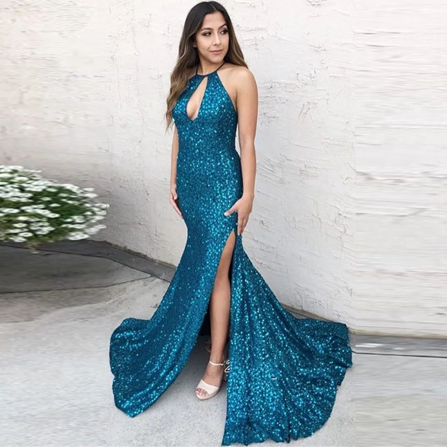

Bling Bling Teal Sequined Mermaid Evening Gowns Halter Off The Shoulder Side Split Long Prom Gowns Sexy Party Gown 2019