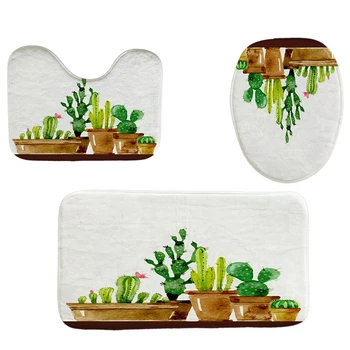 

4Pcs Home Bathroom Decor Set Potted Cactus Pattern Toilet Seat Cover Bath Mat Set+ Waterproof Shower Curtain