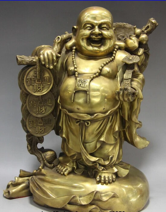 

S07154 Chinese Folk Brass Copper Steed YuanBao RuYi Maitreya Rohan Monk Buddha Statue