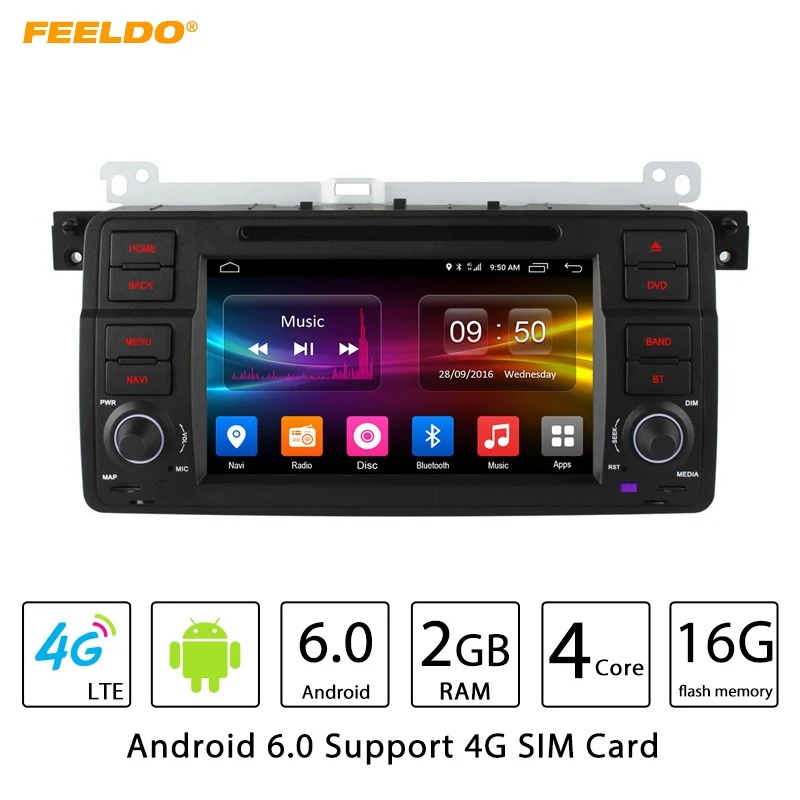 Best FEELDO 7" Android 6.0 (64bit) DDR3 2G/16G/4G LTE Quad Core Car DVD GPS Radio Head Unit For BMW 3 Series E46/MG ZT/Rover 75/M3 0