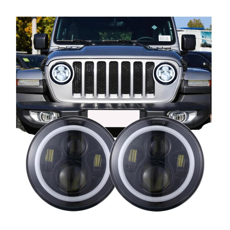 

7inch led headlight Motorcycle Off-road ldaytime running lights For Jeep Wrangler Defender Niva 7'' angle eyes Halo 4x4 Headlamp