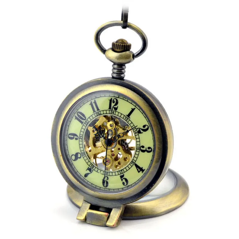 Relógio de Bolso Mecânico dos Homens do Vintage Lupa Luminosa Esqueleto Bronze Automático Mão Vento Colar Bolso & Fob Relógios