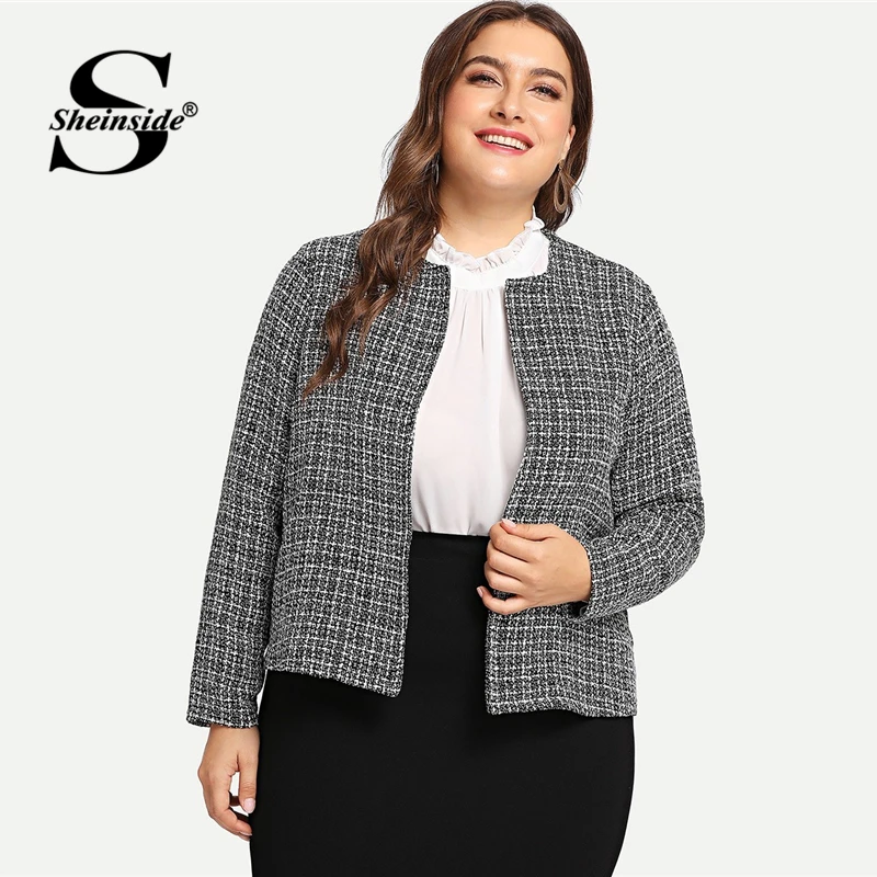 Sheinside Plus Size Open Front Tweed Jacket Coat Women Autumn Plaid