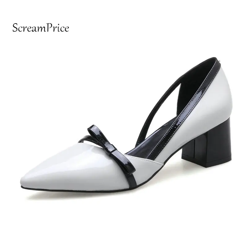 

Patent Leather Pointed Toe Woman Lazy Pumps Comfort Square Heel Bow Knot Dress High Heel Shoes Woman White Red