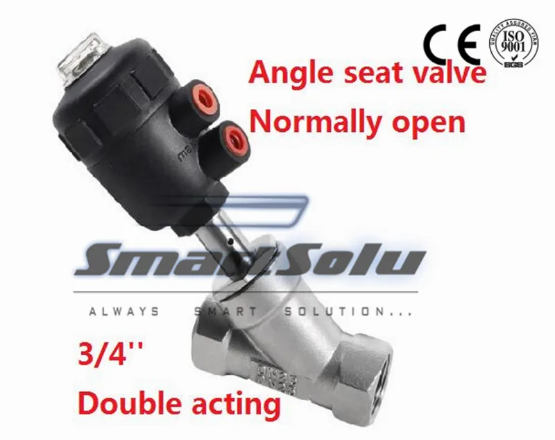 

Free shipping  solenoid valve plastic angle seat actuator DN20 3/4 inch normally open double acting 180 degree ss304 body valve
