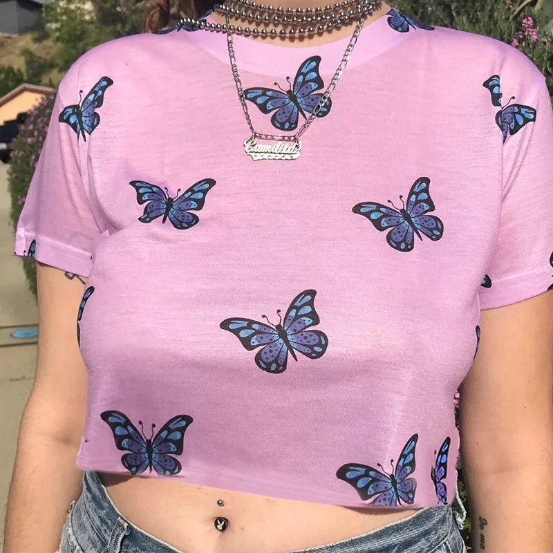 

Pink Crop Top T Shirt Cute Butterfly Print Woman Shirts Casual Loose Korean Clothes Short Sleeve O-Neck Summer T-Shirt