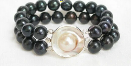 

001598 Genuine 8" 2row 12mm round black pearl bracelet Mabe