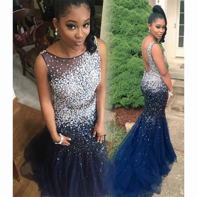 Abendkleider 2019 Navy Blue Luxury Evening Dresses Mermaid Long Evening Gowns Backless Crystals Women Beads Prom Party Dress